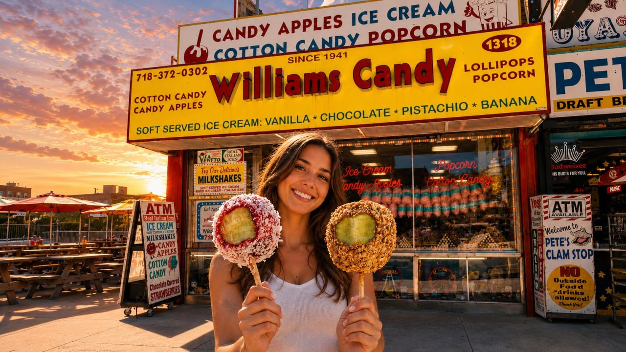 Customer holding two caramel apples (coconut-dipped and nut-dipped) in front of Williams Candy Shop, 1318 Surf Avenue, Coney Island. Yellow awning with red Williams Candy script, SINCE 1941, phone 718-372-0302. Neon window signs: Ice Cream, Popcorn, Candy Apples, Cotton Candy. Soft-serve flavors: Vanilla, Chocolate, Pistachio, Banana. ATM available. Next door to Pete's Clam Stop.